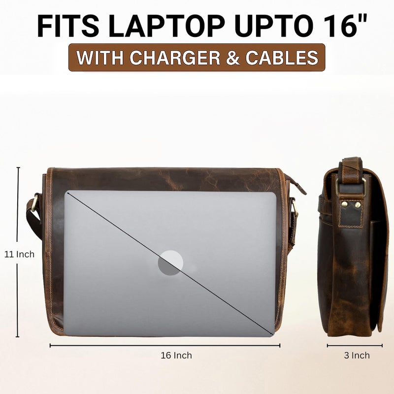 RUSTIC TOWN Leather Messenger Bag for Men Women - Full Grain Leather Laptop Satchel Office Shoulder Bag (16-Inch, Brown) - Image 2